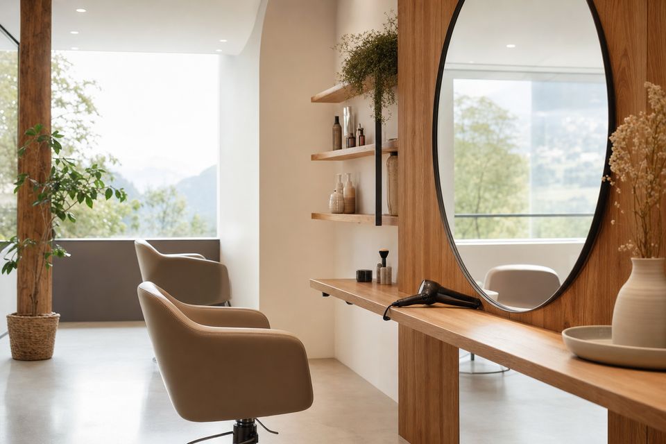 the room seen from a different angle, detail of the working area, chairs and mirrors, no people